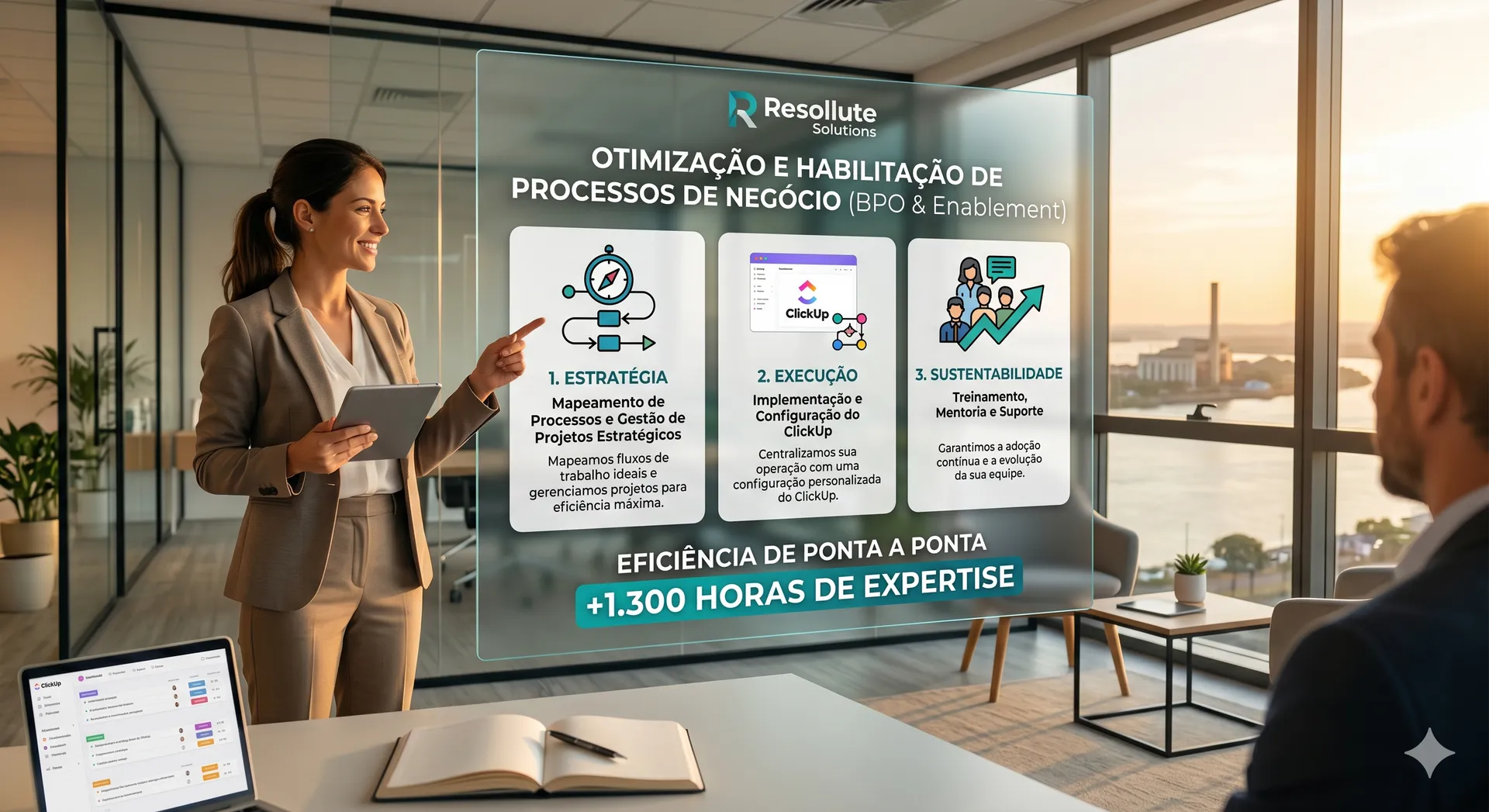 Equipe Resollute apresentando os pilares de otimização de processos: estratégia, execução e sustentabilidade